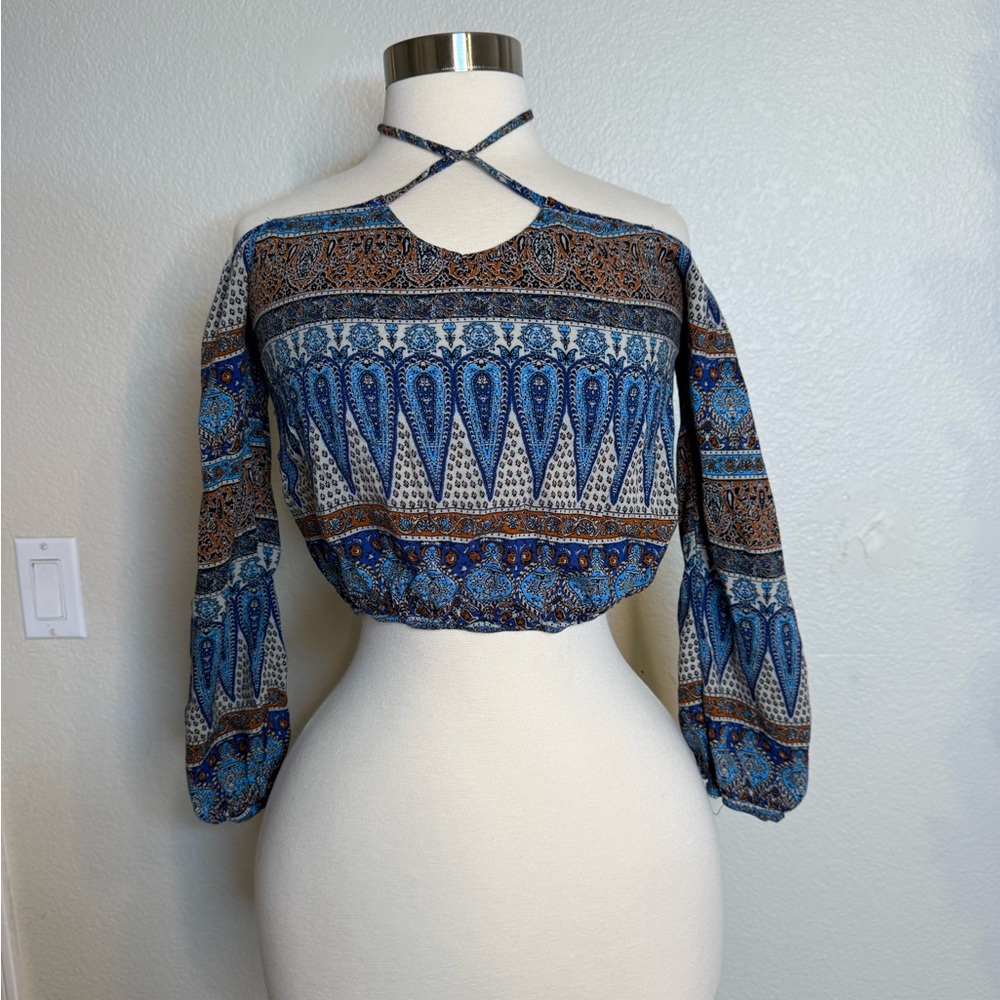 Cropped Boho Print Off Shoulder Top